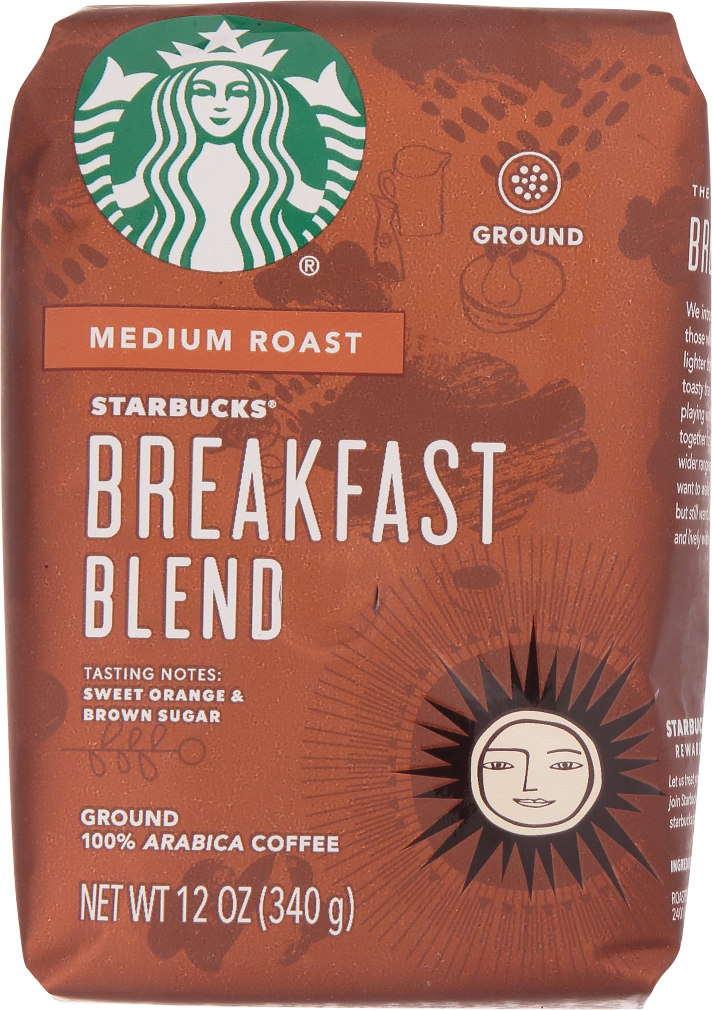 Starbucks Medium Roast 100% Arabica Ground Breakfast Blend Coffee 12 oz Bag